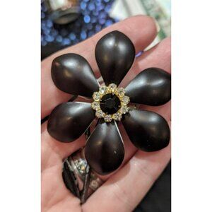 Vintage Black Metal Rhinestone Flower Brooch